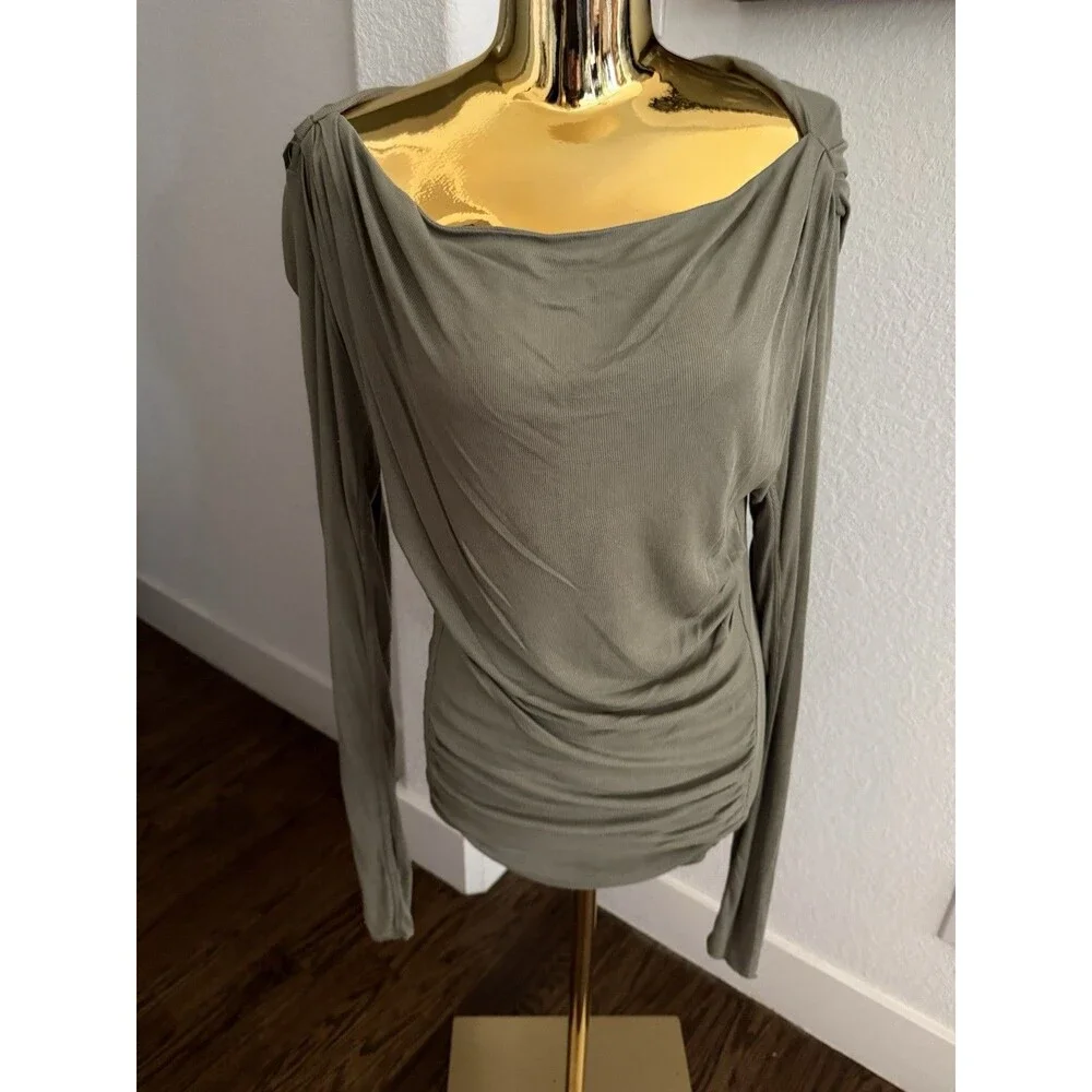 Free People Womens Large Sage Green Ruched Boat Neck Long Sleeve Top